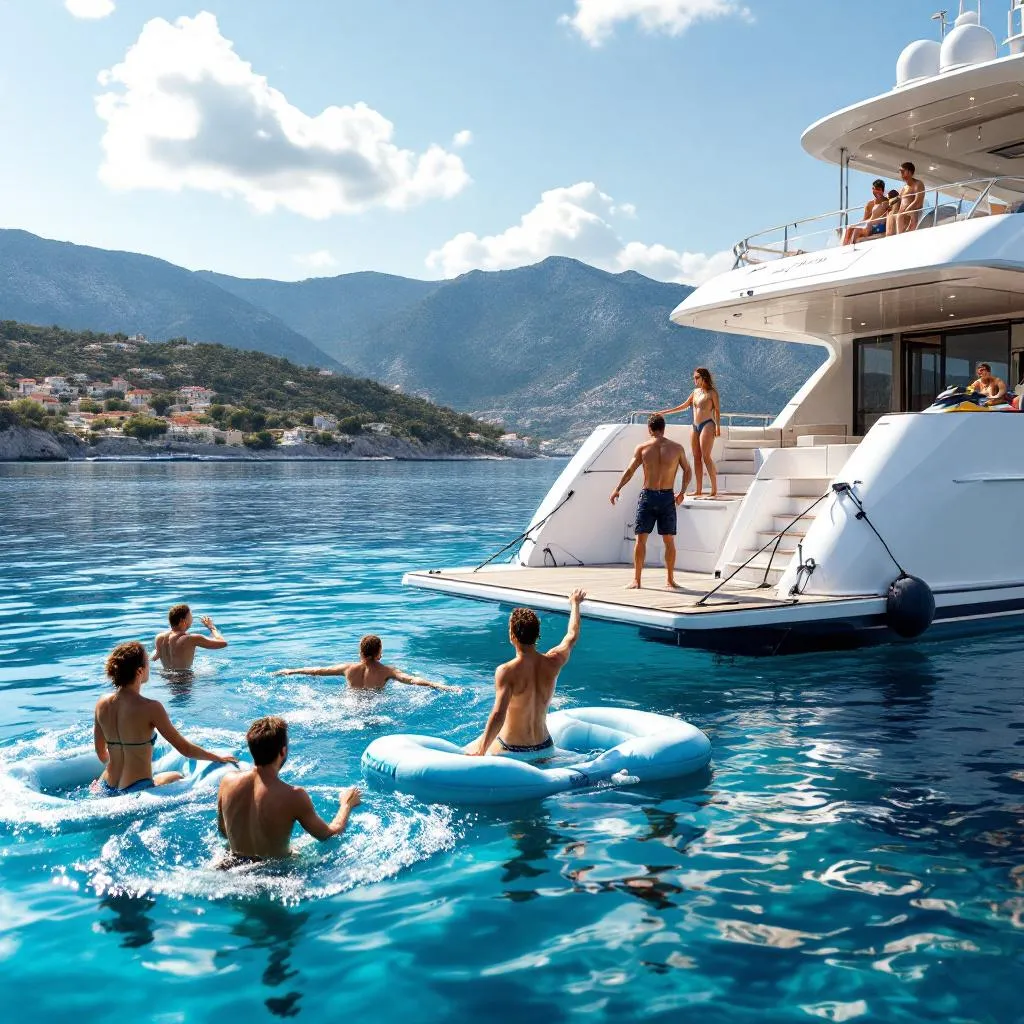 Charter Gäste in swimming attire using water toys and swimming platform of anchored superyacht, Hvar island's lavender hills visible in background, crew member assisting with jet ski launch, photorealistic