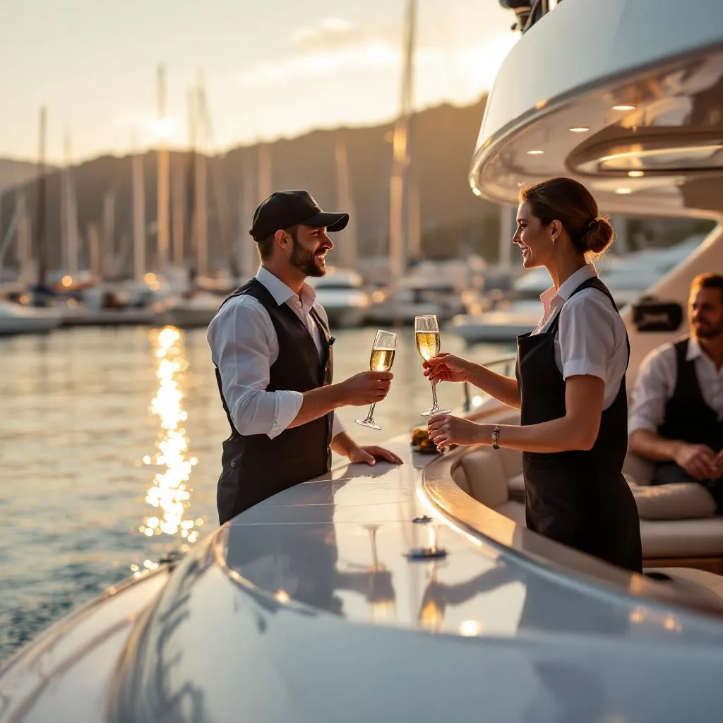 Welcome champagne service on the aft deck of a luxury yacht immediately after guest arrival transfer, Marina Kastela in the background, golden hour lighting with crew member serving guests, photorealistic