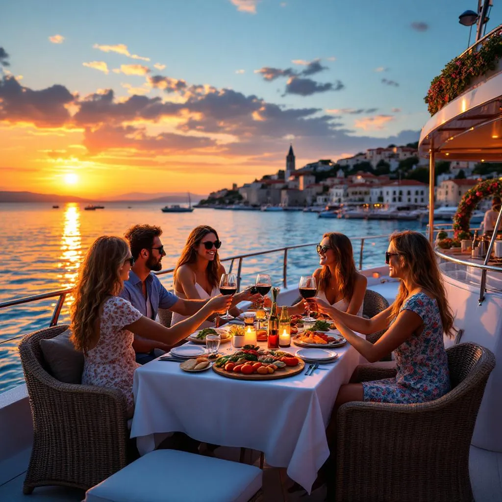 Al fresco dining on yacht's aft deck with fresh Dalmatian seafood and Croatian wine, Gäste toasting at sunset with Korcula old town's medieval towers visible across the harbor, warm golden hour lighting, photorealistic