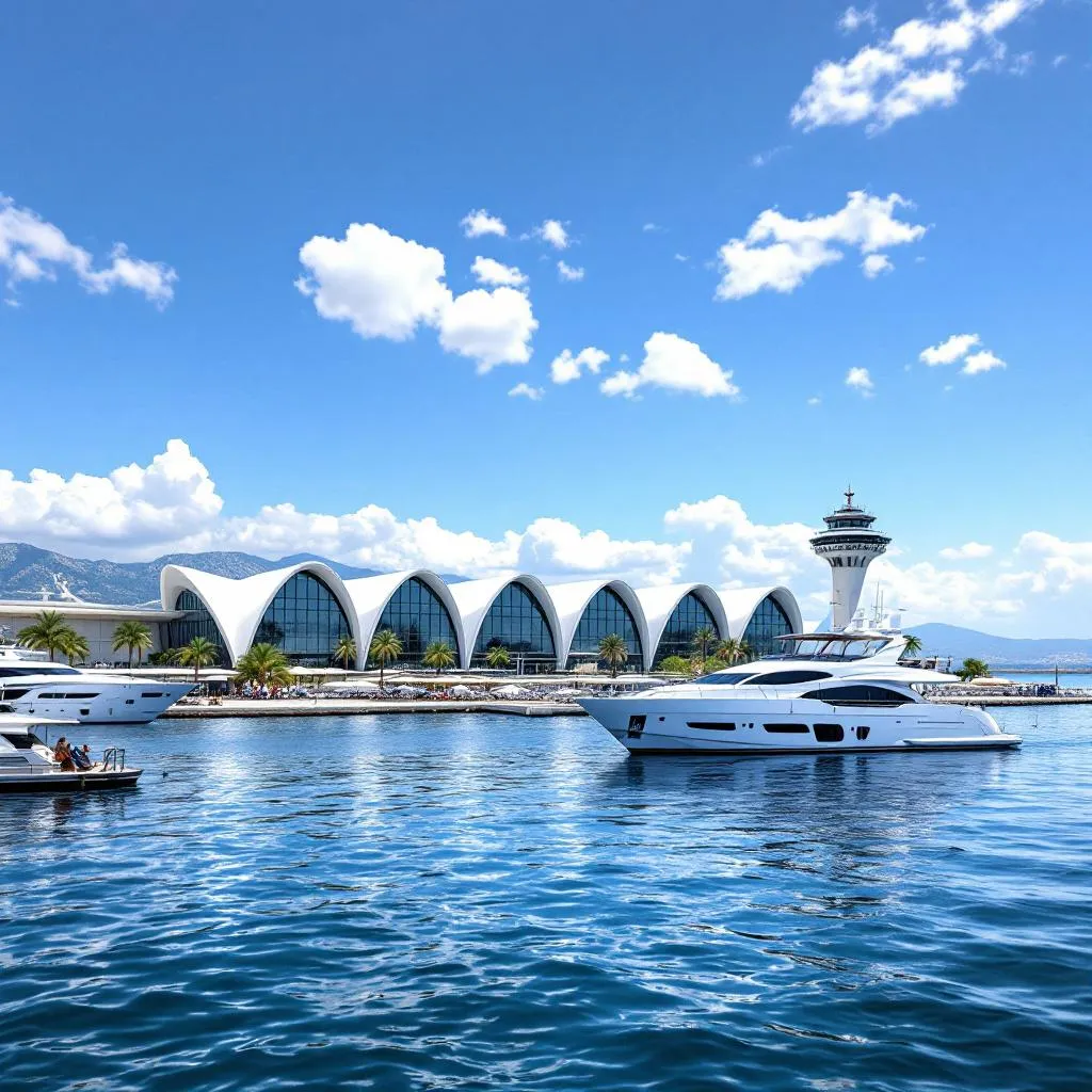 Split Airport terminal building viewed from the water with a luxury yacht in the foreground, showcasing the proximity between airport and charter bases, clear day with the Marjan peninsula visible, photorealistic, travel photography