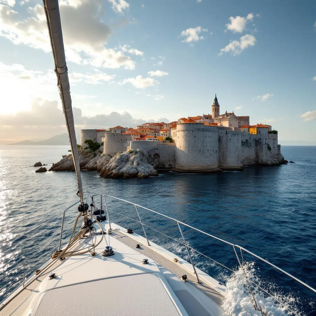 Dubrovnik's ancient city walls and baroque architecture viewed from yacht's bow, the famous limestone fortifications rising from deep blue Adria waters, late afternoon Mediterranean light illuminating historic buildings, photorealistic travel photography