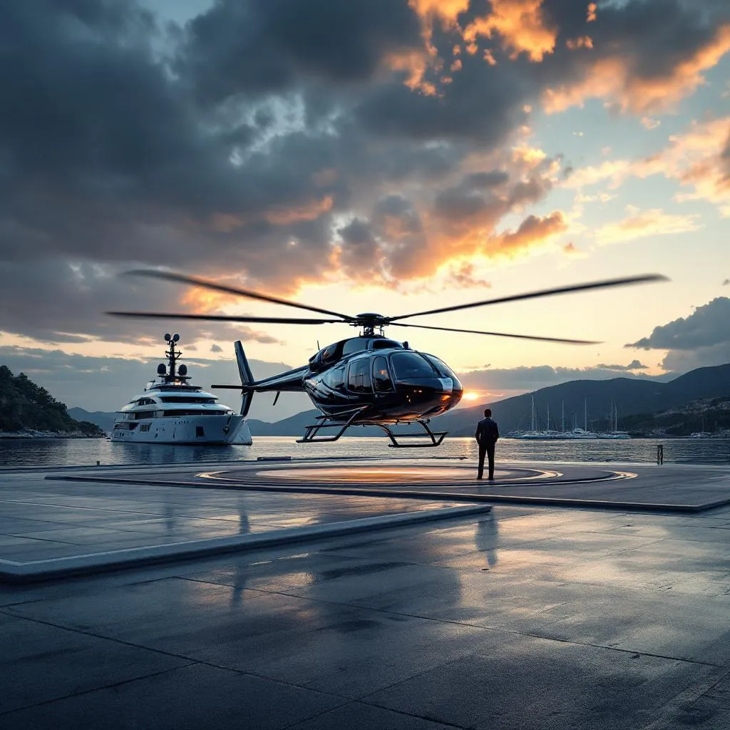 Helicopter landing at Marina Kastela helipad at sunset with a luxury superyacht moored nearby, dramatic evening sky over the Dalmatian coast, ground crew preparing for guest transfer, photorealistic