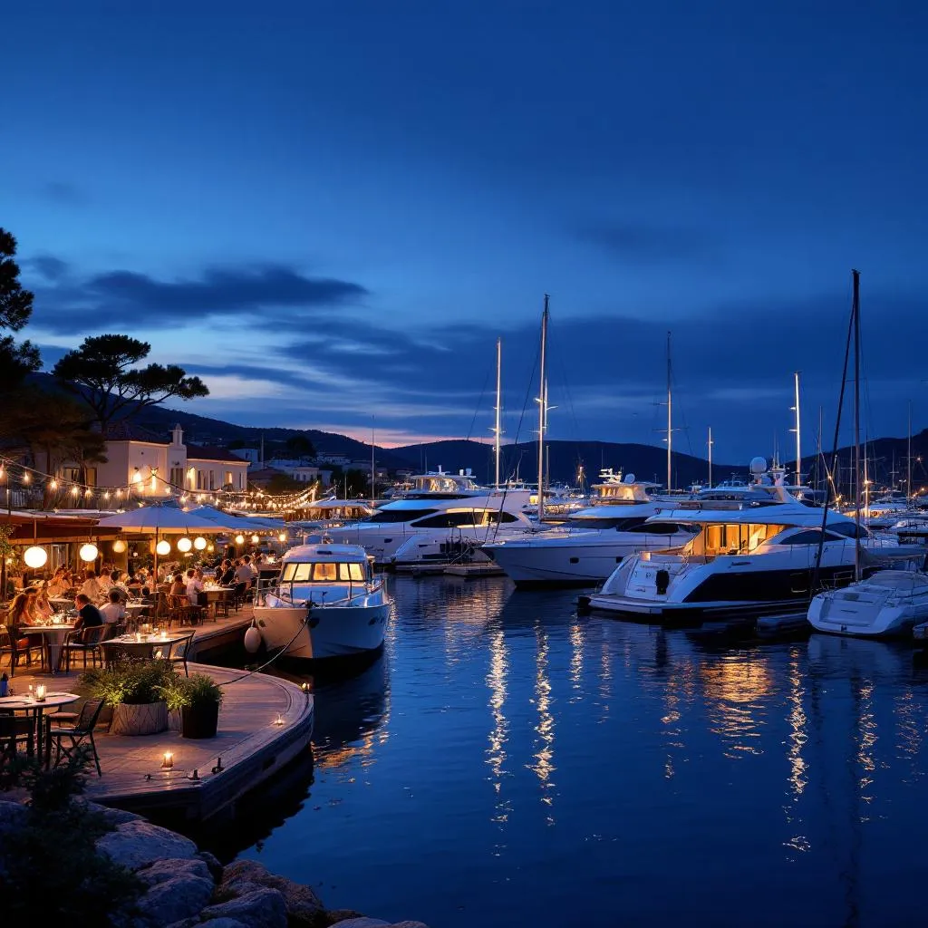 Marina Frapa in Rogoznica at blue hour with illuminated luxury yachts reflected in calm water, Gäste dining at waterfront restaurant terraces, string lights creating warm ambiance, photorealistic