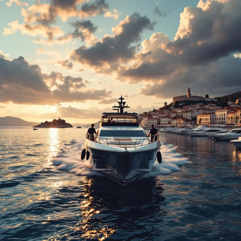 Wide cinematic shot of luxury motor yacht approaching ACI Hvar marina with crew preparing mooring lines, the historic town's Venetian architecture and fortress backdrop, dramatic late afternoon clouds over Pakleni islands, photorealistic, cinematic