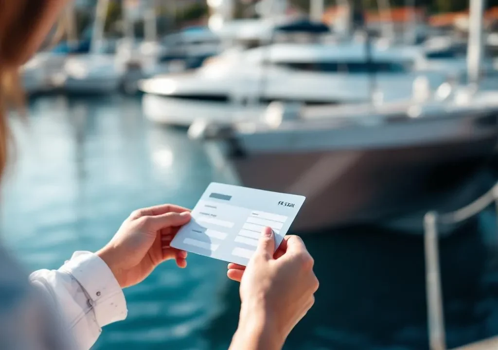 Yacht charter deposit payment being processed at Croatian marina with luxury sailing yacht docked in background showing secure transaction